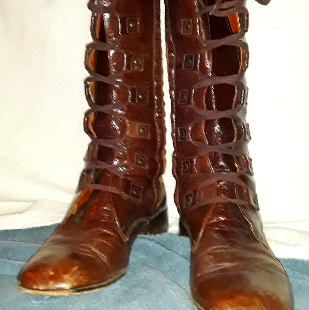 Victorian style cognac leather above calf boots